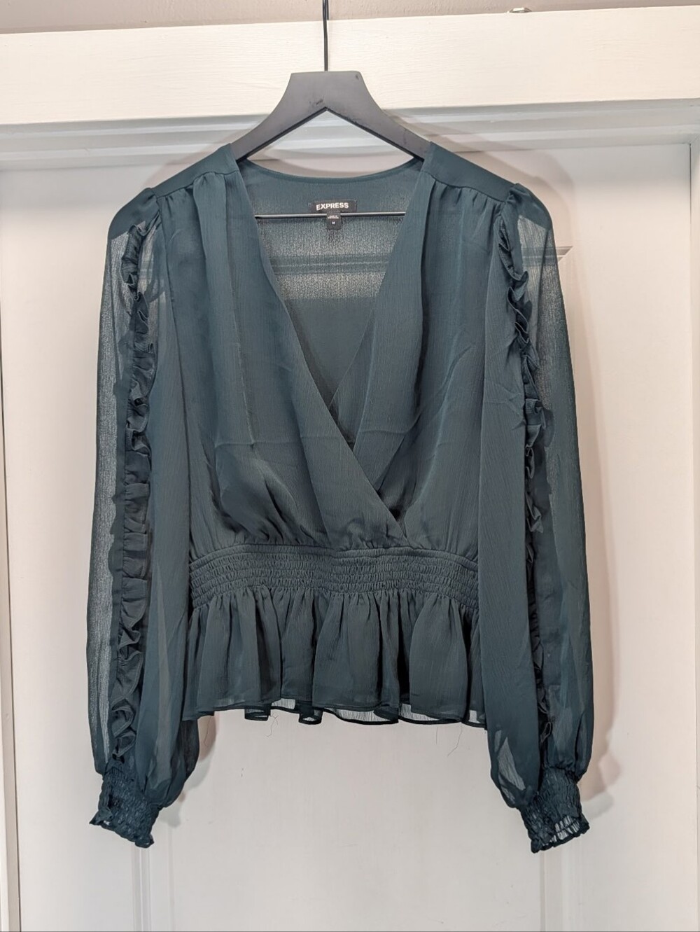 Express Smocked Waist Sheer Peasant Blouse Dark Green